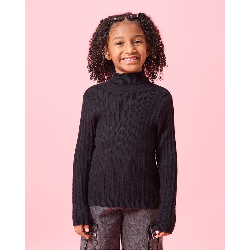Girls Black Turtle Neck Cable Knitted Pullover