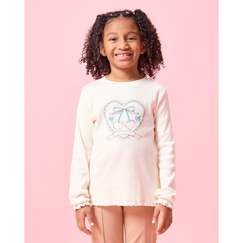 Girls Ivory  Heart Print Rib Frill Sleeve T-Shirt