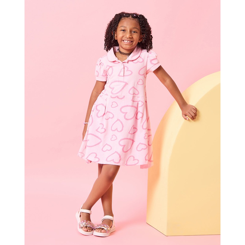 Girls Pink Heart Print Collared Dress