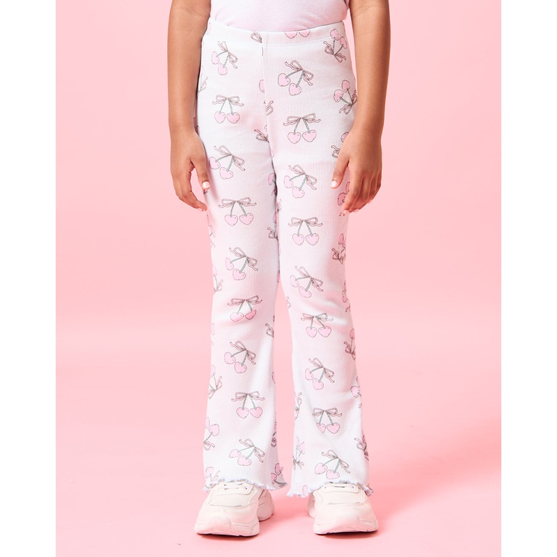 Girls Pink Printed  Rib Leggings