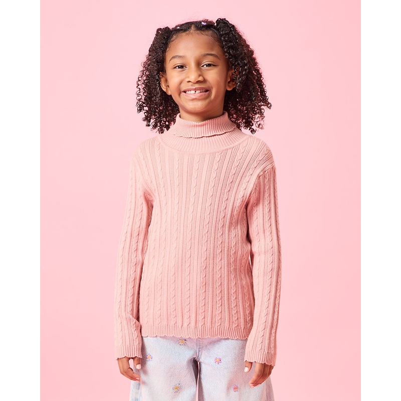 Girls Pink Turtle Neck Cable Knitted Pullover