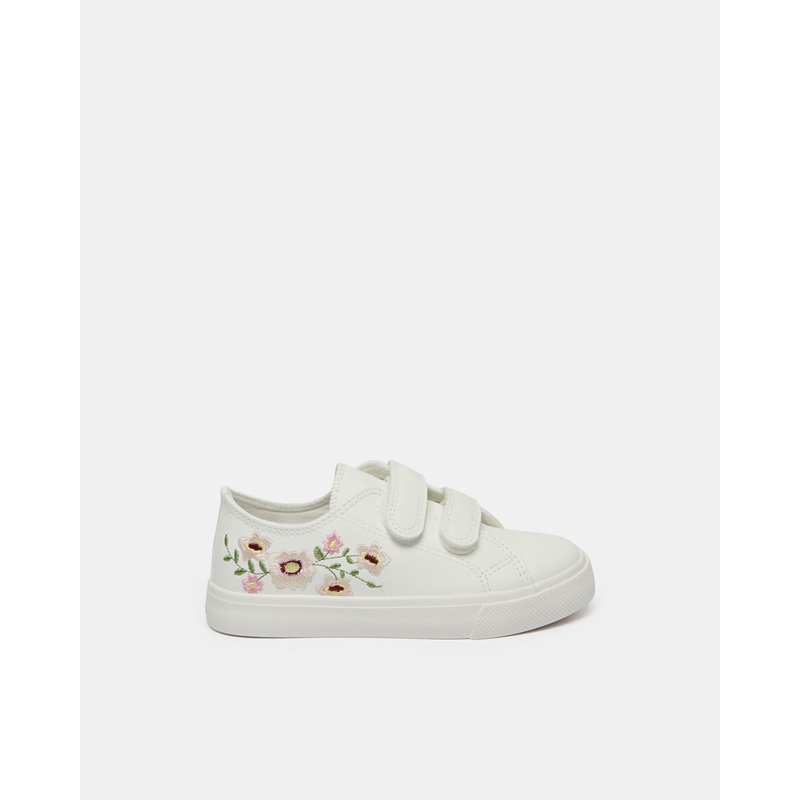 Girls White Floral Embroidery Sneakers