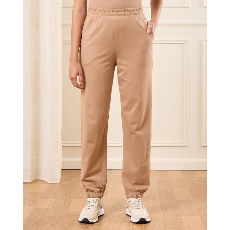Women Beige Ribbed Hem Jog Pants