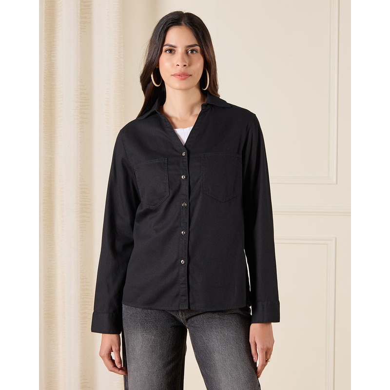 Women Black Denim Button Front Shacket