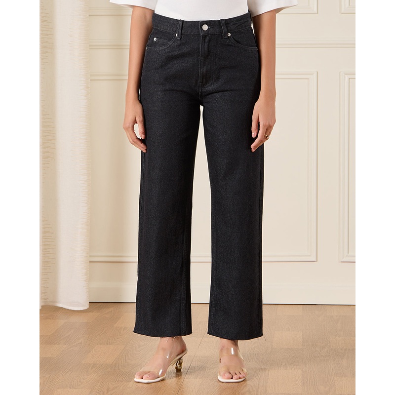 Women Black Plain Wide Leg Jeans