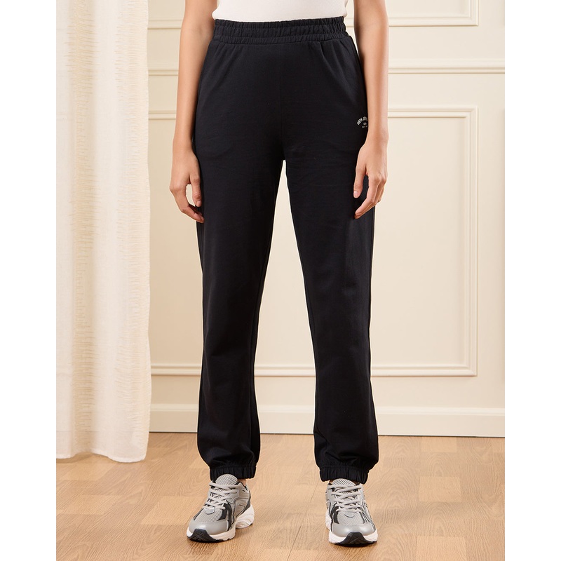 Women Black Ribbed Hem Jog Pants