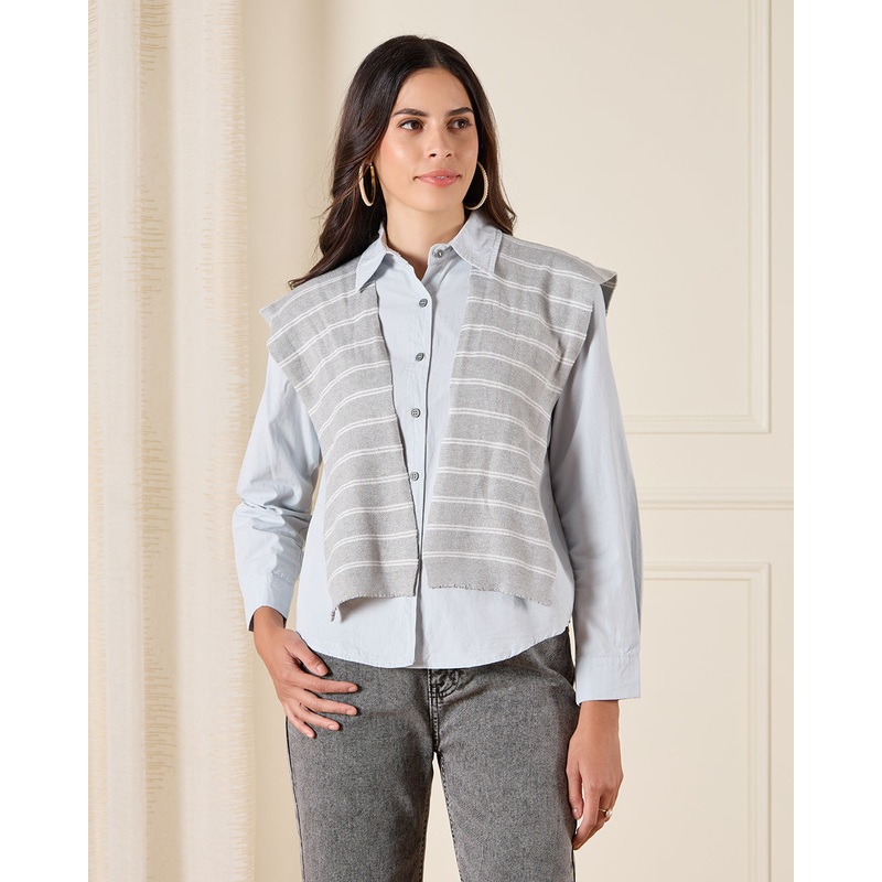 Women Blue Button Down Shirt Blouse With Scarf