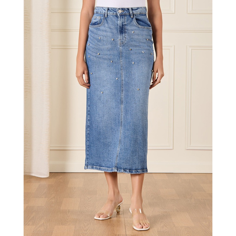 Women Blue Embellished Denim Skirt