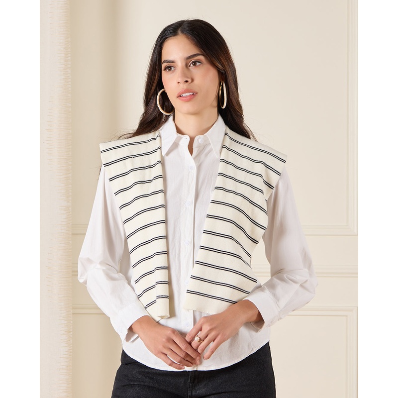 Women Ivory Button Down Collared Blouse With Scarf