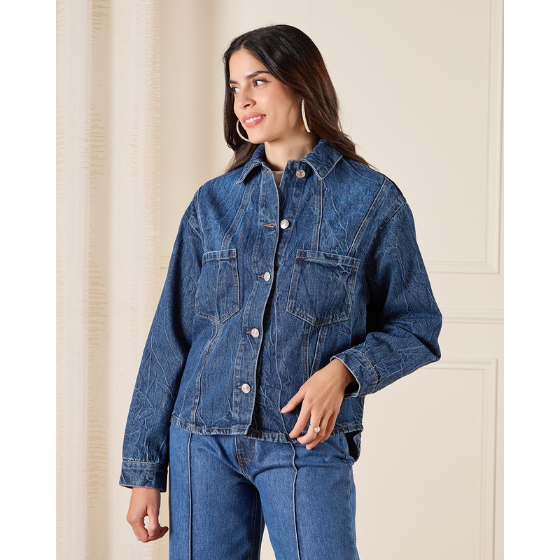 Women Navy Denim Jacket With Pockets