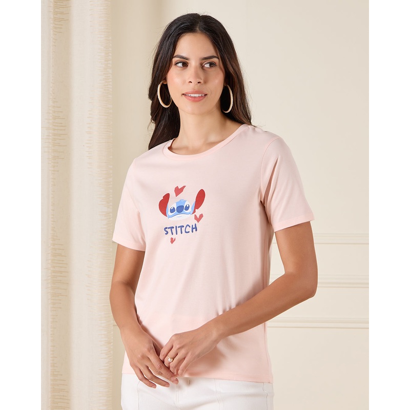Women Pink Stitch Printed T-Shirt