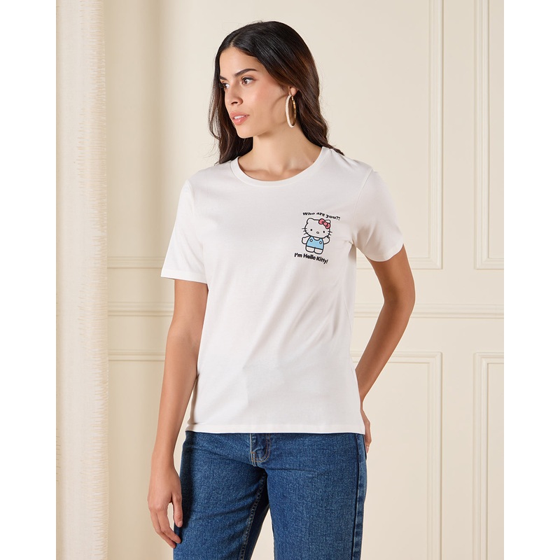 Women White Hello Kitty Printed T-Shirt