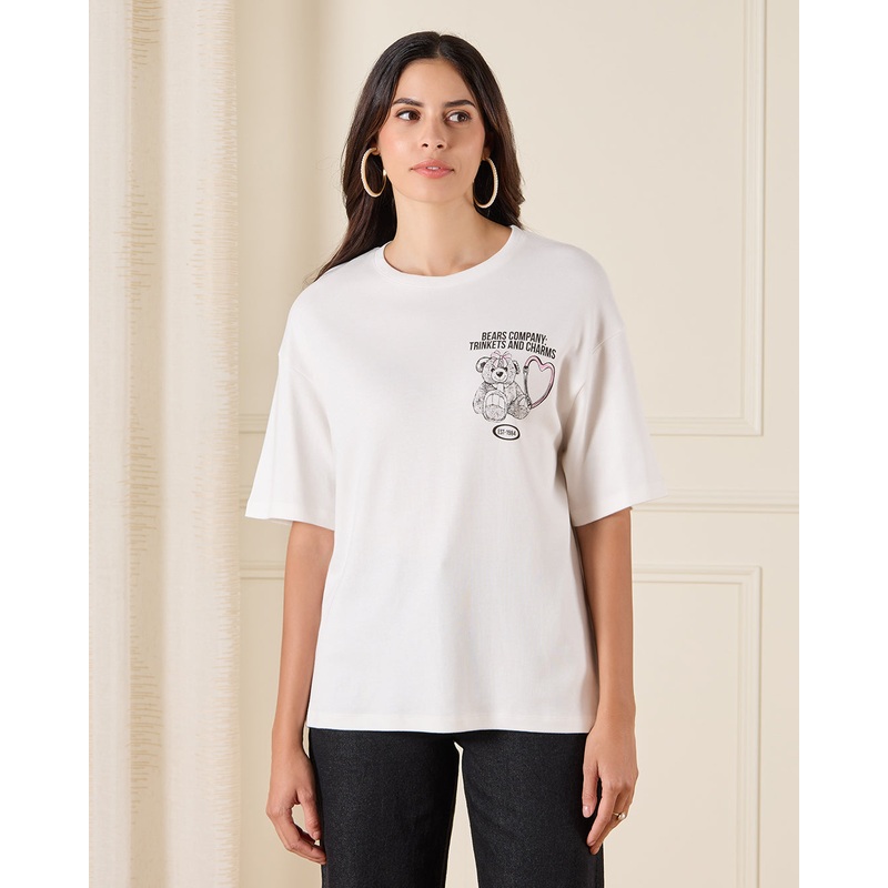 Women White Oversize Printed T-Shirt