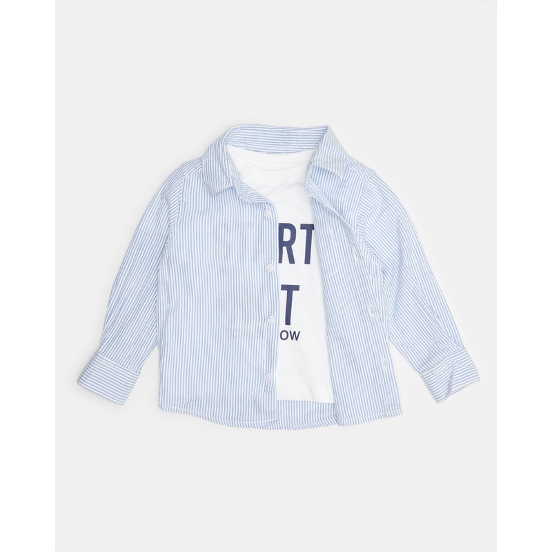 Infant Boys white Printed T-Shirt And Blue Striped Shirt (2 Piece)