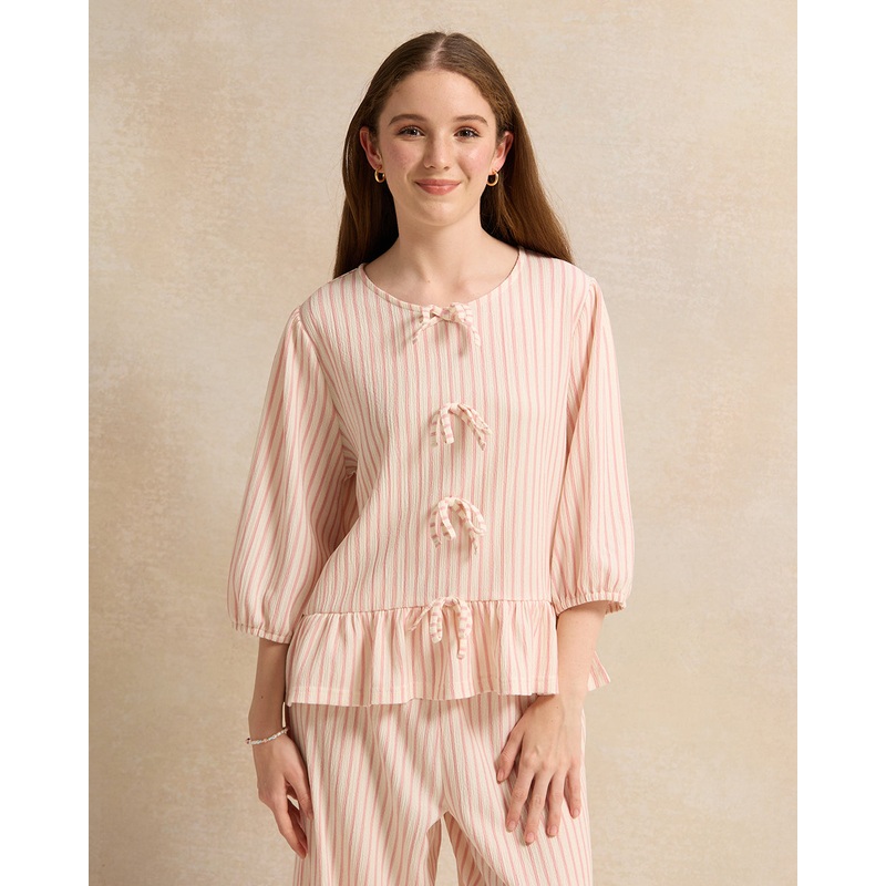 Senior Girls Cream And Pink Striped Peplum Front Bow Top