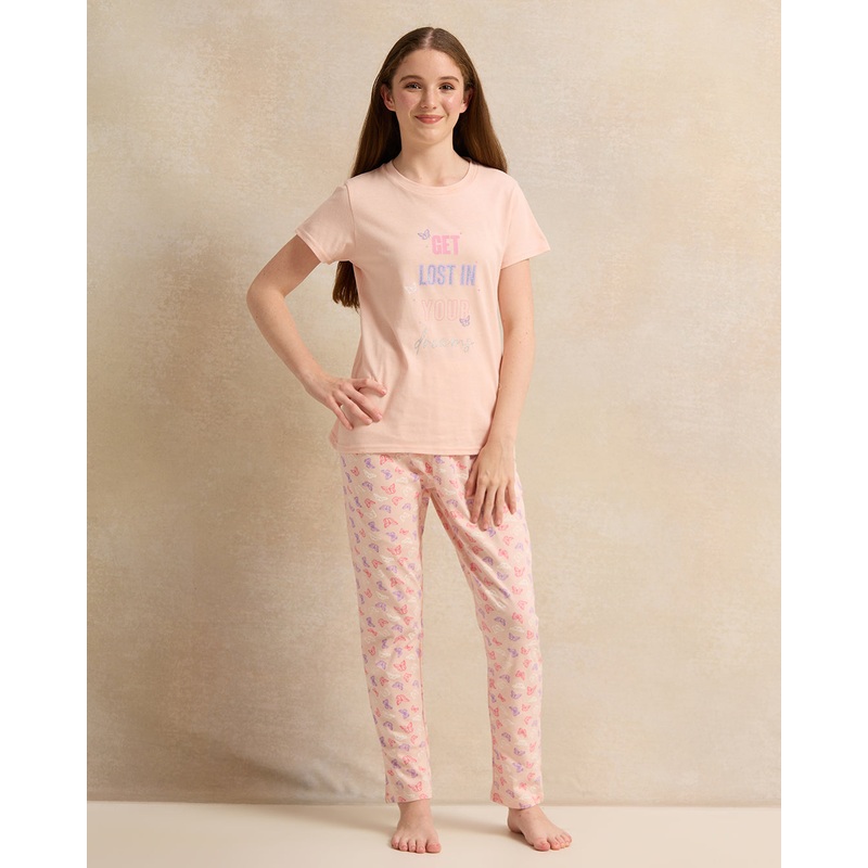 Senior Girls Peach Printed Pyjama Set (2 Piece)