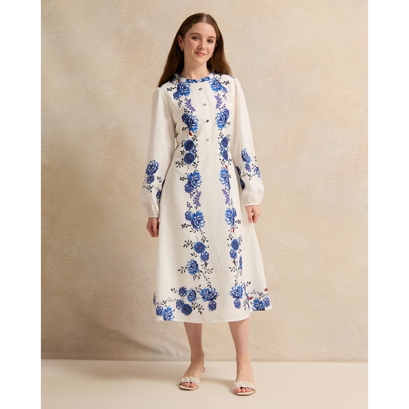 Senior Girls White And  Blue Floral Maxi Dress