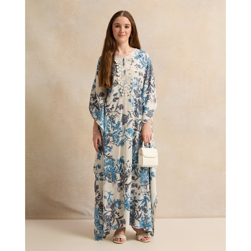 Senior Girls White And Blue Floral Print  Kaftan