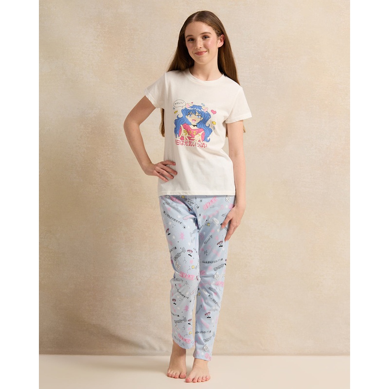 Senior Girls White And Blue Printed Pyjama Set (2 Piece)