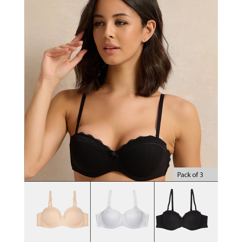 Women Assorted Jacquard Balconette Bra Set (Pack of 3)