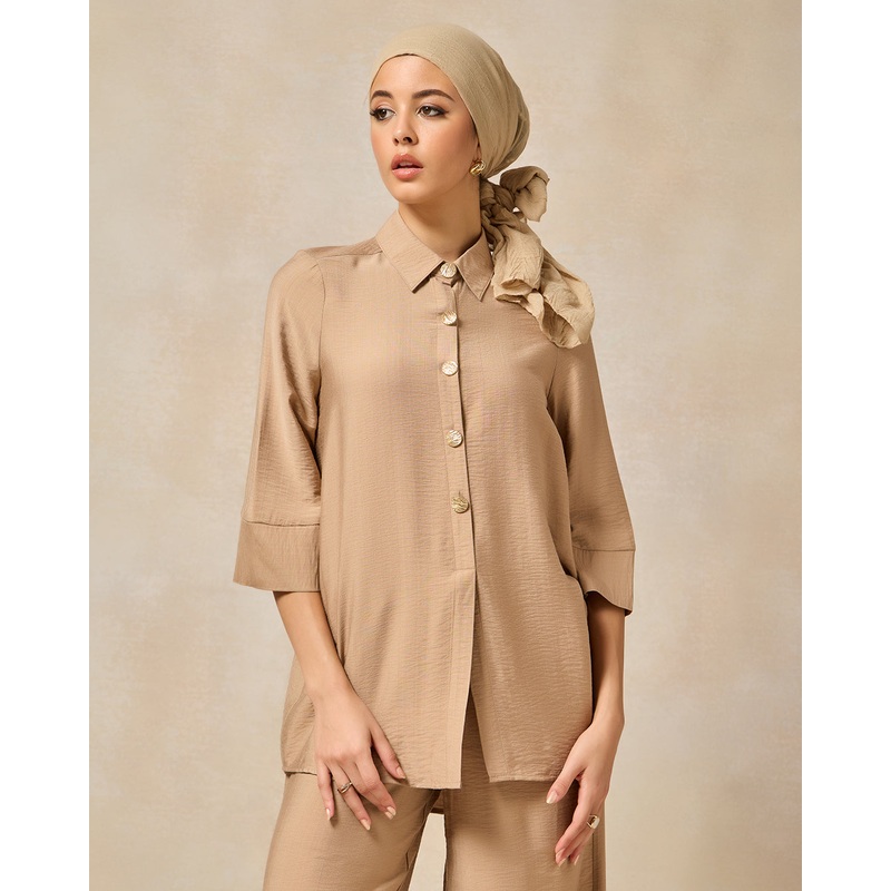 Women Beige Front Buttons Blouse