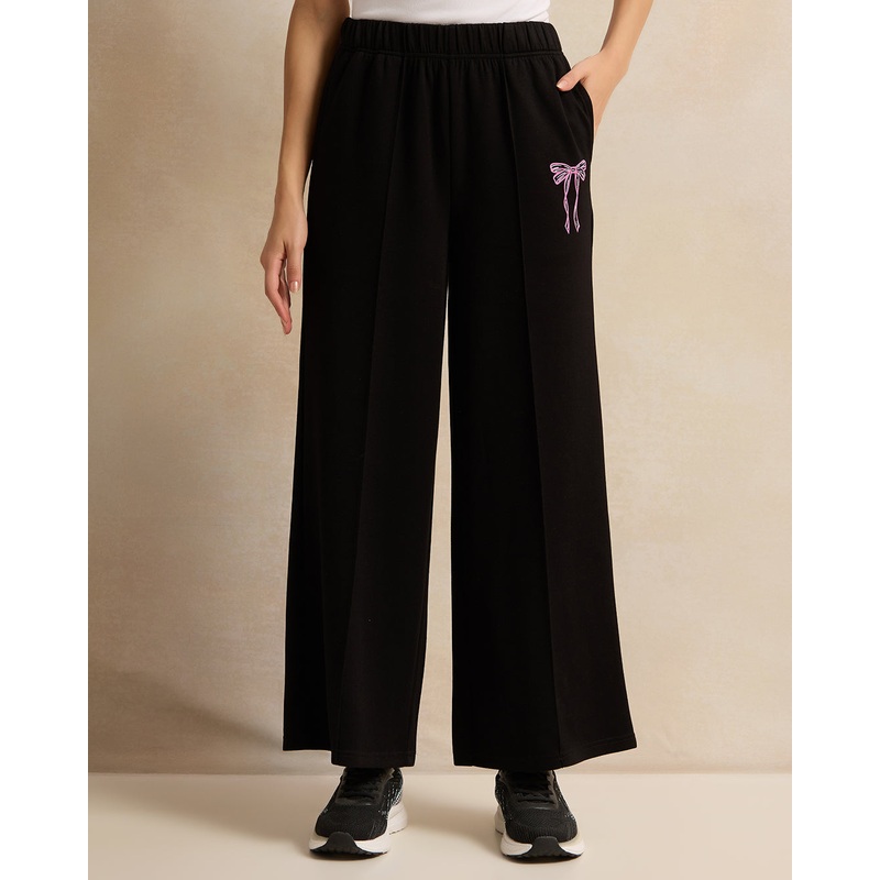 Women Black Printed Wide Leg Active Pants