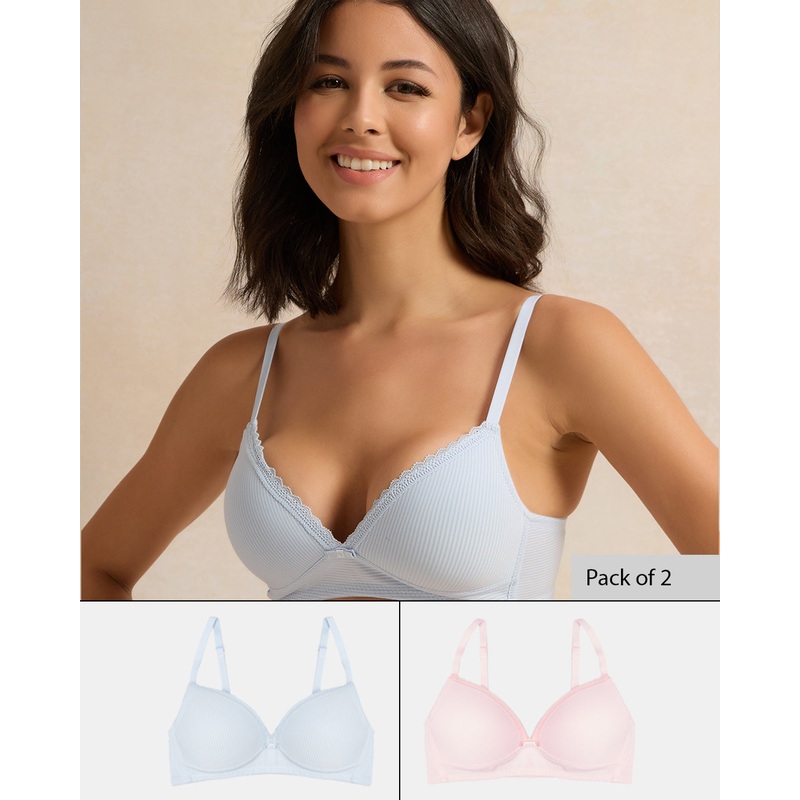 Women Blue And Pink Printed Non Wired Bras (Pack of 2)