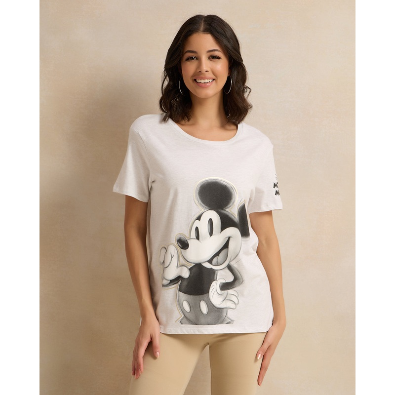 Women Ecru Mickey Mouse Printed T-Shirt