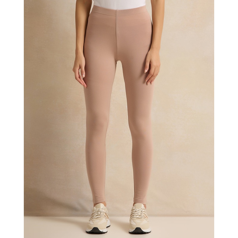 Women Pink And Beige Solid Leggings (Pack of 2)