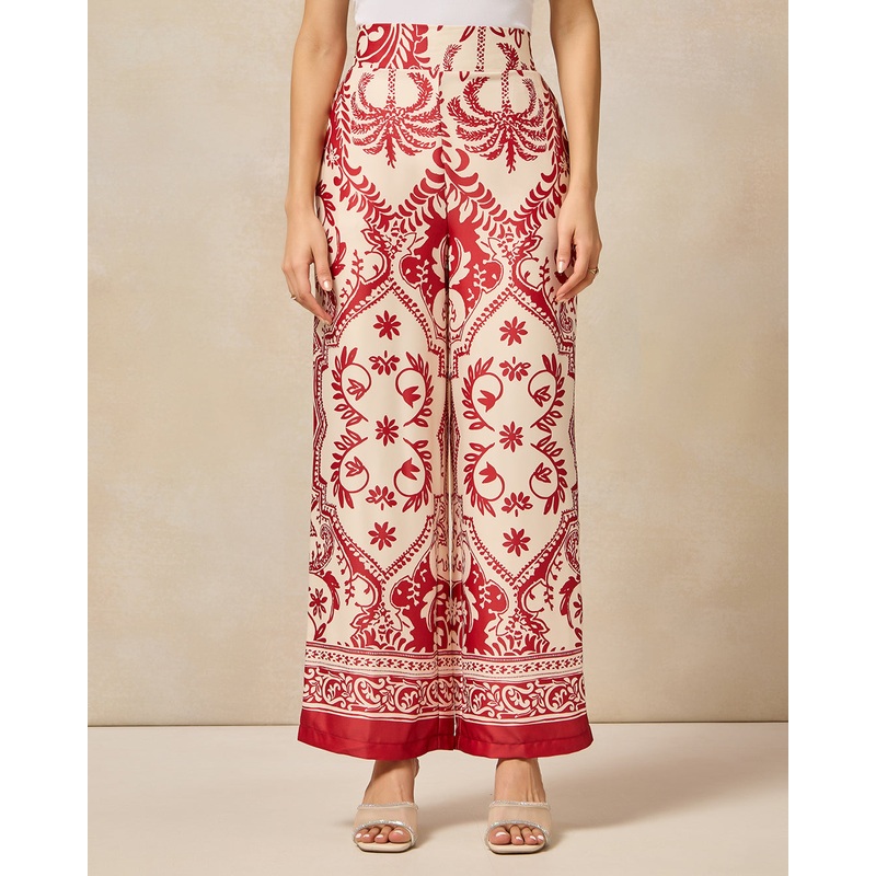 Women Red Printed Wide leg Pants