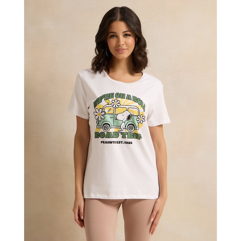 Women White Peanuts Printed T-Shirt