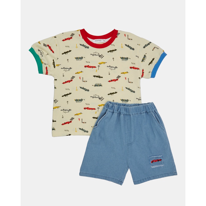Boys Beige And Blue Printed Casual Set (2 Piece)