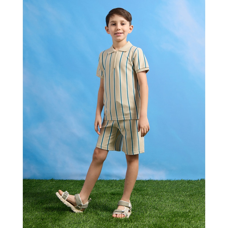 Boys Beige Striped Polo Shirt And Shorts Set (2 Piece)