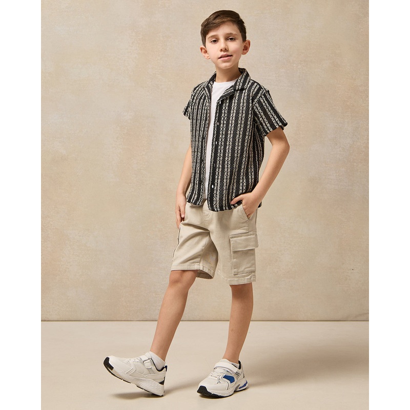 Boys Black And White Crochet Dobby Shirt & T-Shirt  Set (2 Piece)