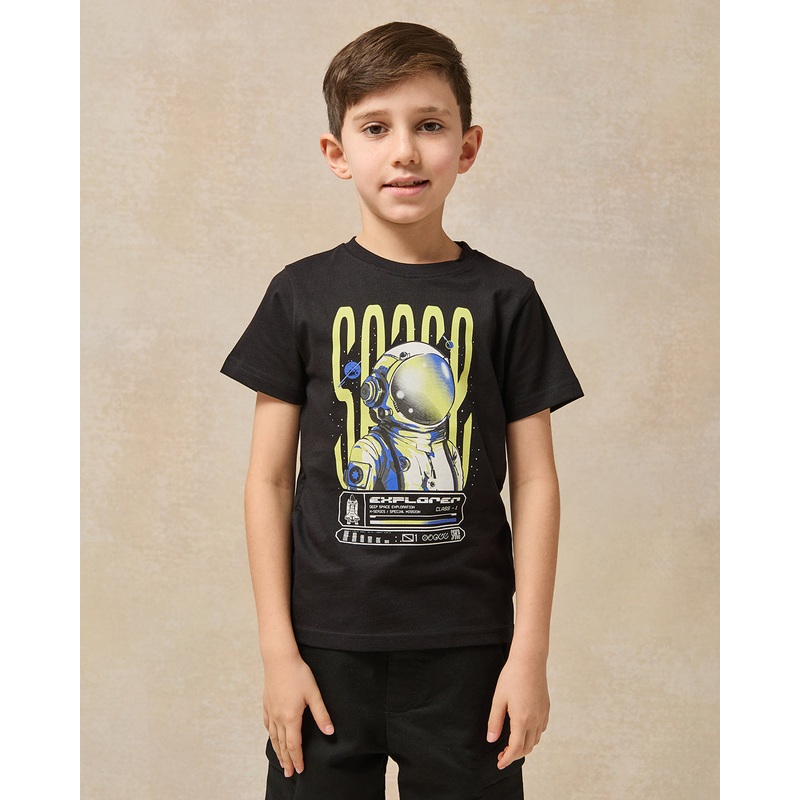 Boys Black Astronaut Graphic Short Sleeve T-Shirt