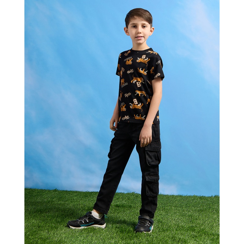 Boys Black Tiger Print Graphic T-Shirt