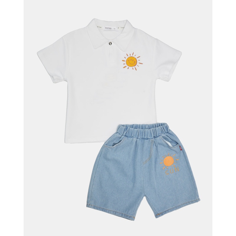 Boys Blue And White Polo T-Shirt With Shorts Set (2 Piece)