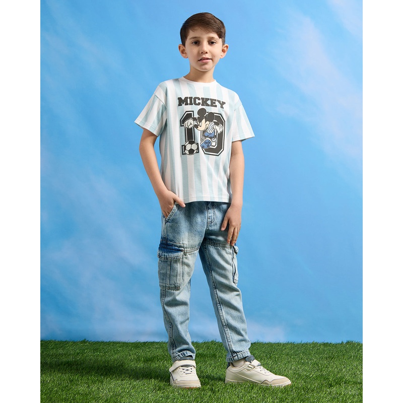 Boys Blue Striped Mickey Printed T-Shirt