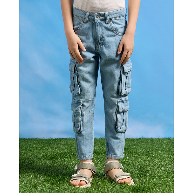 Boys Blue Wash Cargo Pocket Jeans
