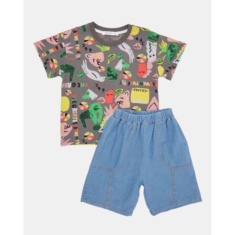 Boys Charcoal And Blue Printed Casual Set (2 Piece)