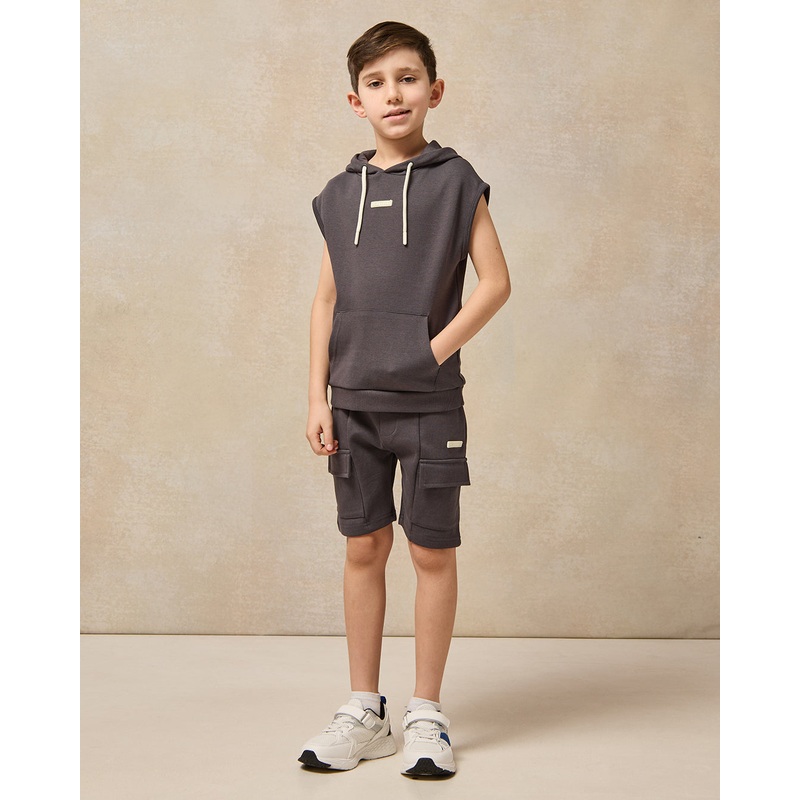 Boys Charcoal Hooded T-Shirt And Shorts Casual Set (2 Piece)