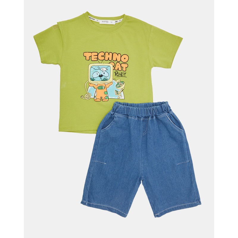 Boys Green And Blue Printed Casual Set (2 Piece)