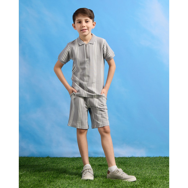 Boys Grey Striped Polo Shirt And Shorts Set (2 Piece)
