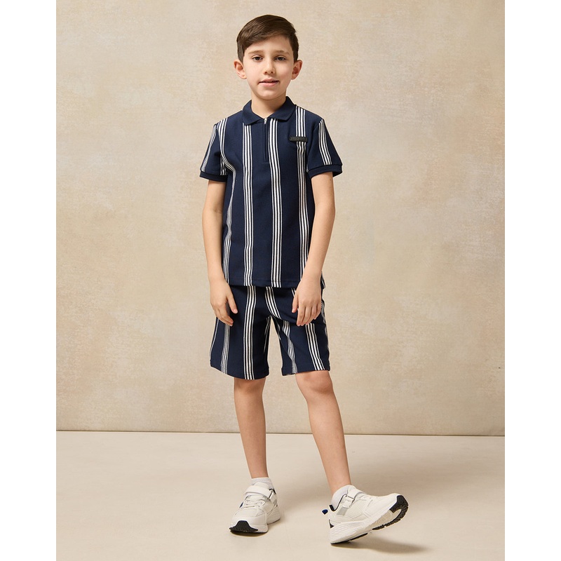 Boys Navy Striped Polo Shirt And Shorts Casual Set (2 Piece)