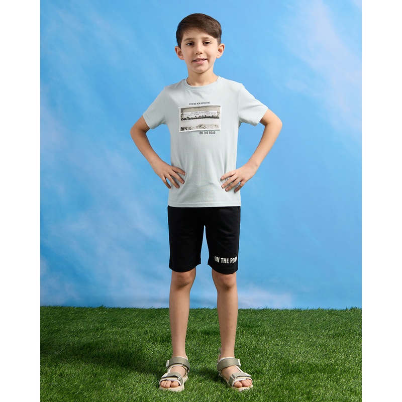 Boys White And Black Printed Casual Set (2 Piece)