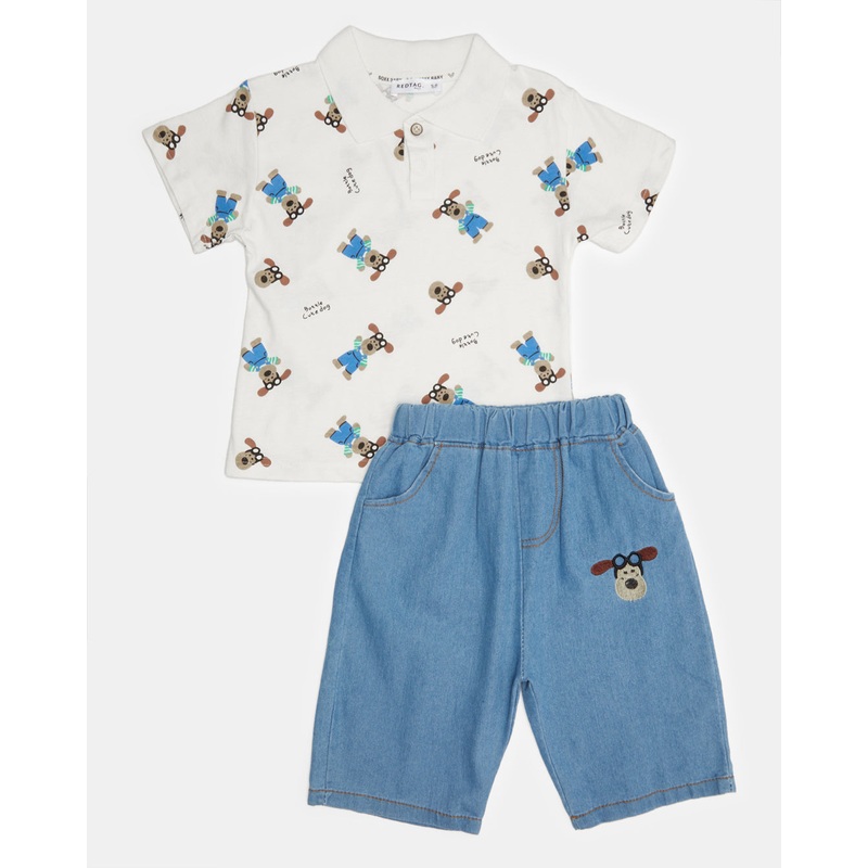 Boys White And Blue  Printed Casual Set(2 Piece)