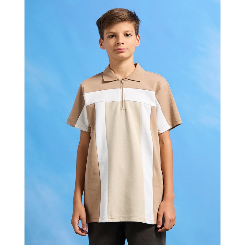 Senior Boys Beige Cut And Sew Polo Shirt
