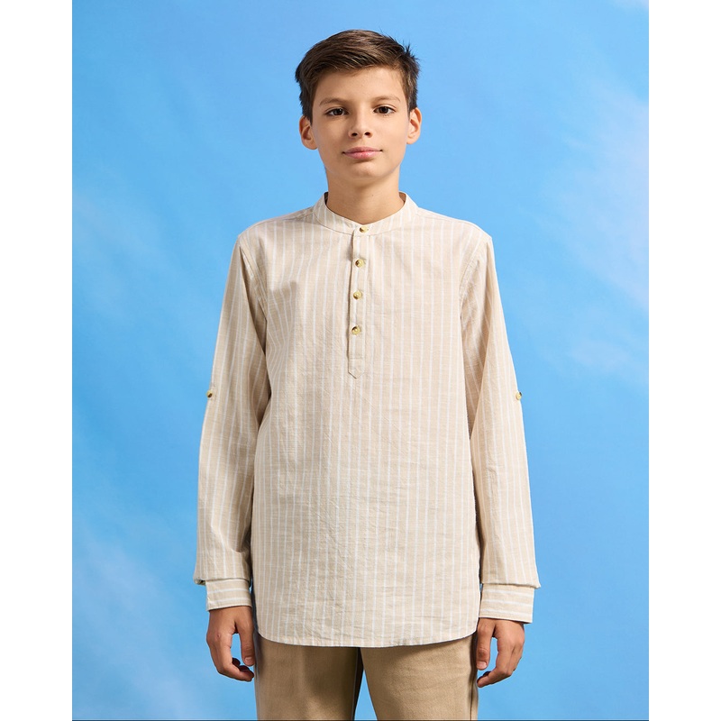 Senior Boys Beige Striped Mandarin Casual Shirt
