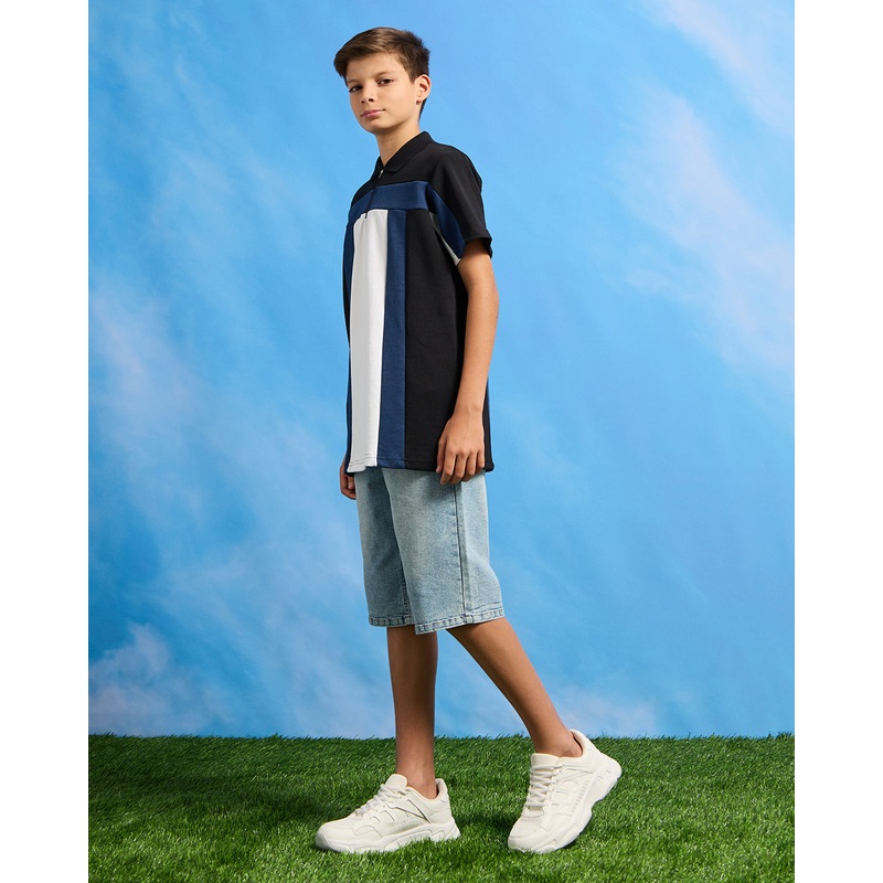 Senior Boys Black Cut & Sew Zip Placket Polo T-shirt