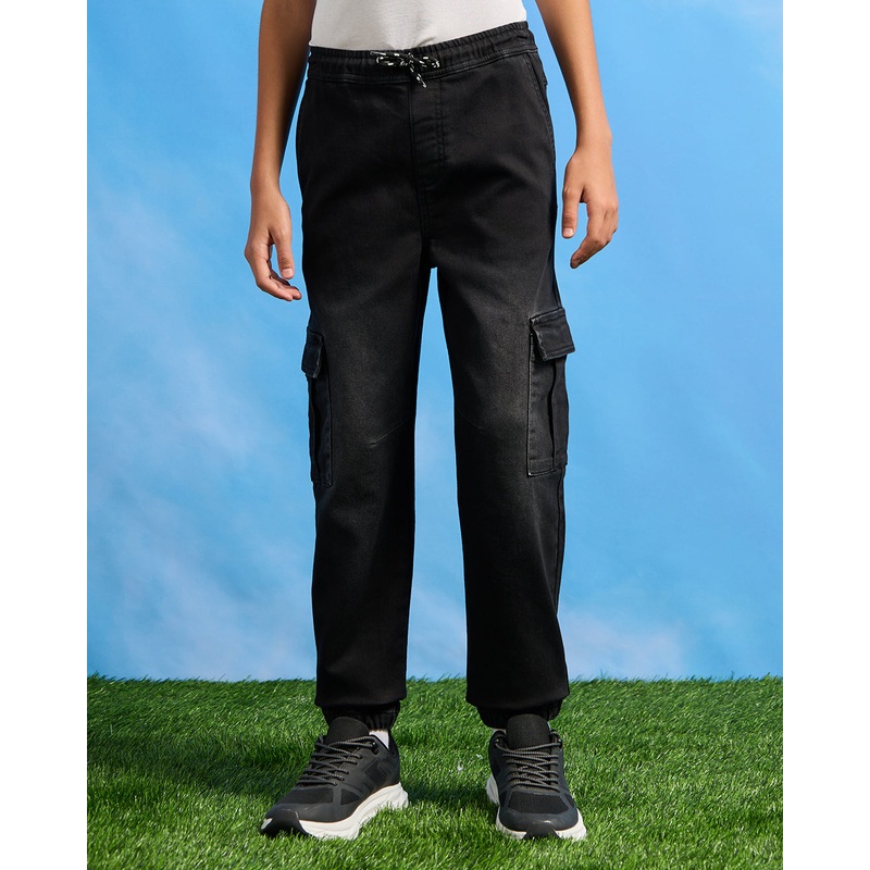 Senior Boys Black Pull On Cargo Joggers